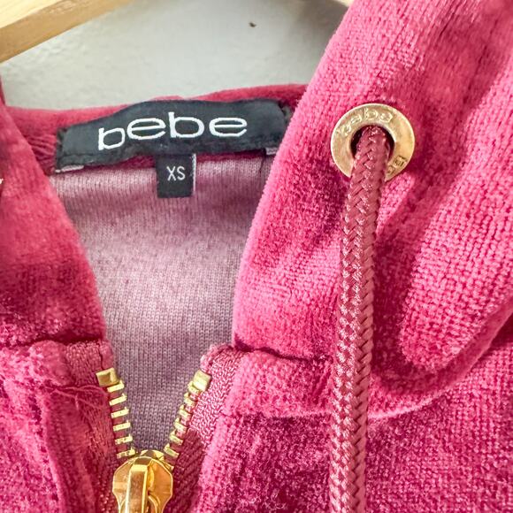 Y2K Bebe Velour Rhinestone Zip-Up Hoodie | Maroon Track Jacket Bling XS - Picture 6 of 9